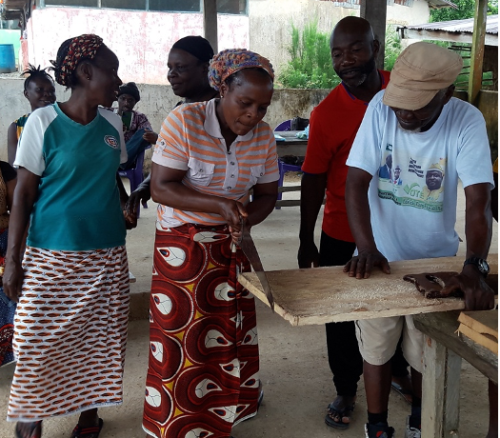 Participants using a saw to make a beehive